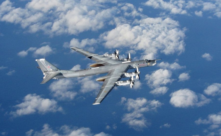 A Russian Tu-95 Bear bomber photographed from an RAF fighter off the UK coast in October 2014