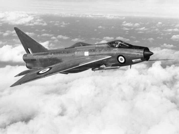 RAF English Electric Lightning F1. Introduced December 1959 (he last variant retired in 1988) the Lightning was the only British designed and built fighter capable of flying at Mach 2