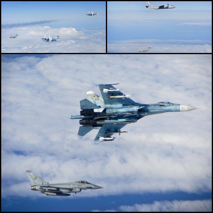 On June 17th 2014 RAF Eurofighter Typhoons of No.3 Squadron intercepted a number of Russian aircraft on a "training" mission over the Baltic including these Sukhoi Su-27 Flankers and Antonov An-26 Curl