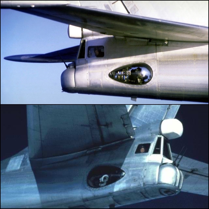 Tu-95 23mm cannon tail turret. Guns up is a friendly gesture (the top photo was taken by the US Navy in 1987 - often a Russian crewman would be in the window nacelle taking a photo back)