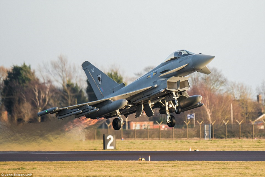 Typhoon takes off from RAF Coningsby in Lincolnshire at 4.30pm on Wednesday, shortly before the Russian planes were intercepted