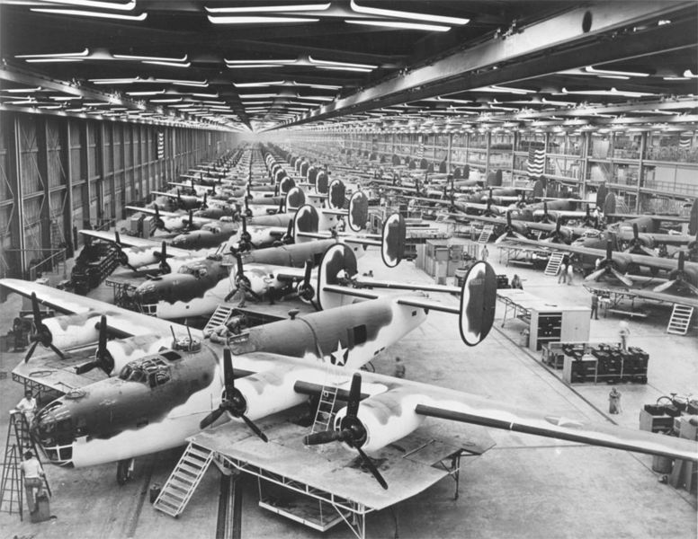 Consolidated B-24 Liberators being built at the Vultee plant in Forth Worth, Texas during WW2