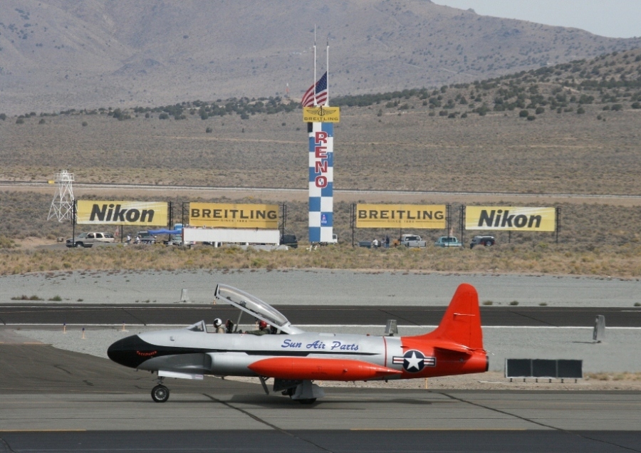 The T-33 chase plane taxiing past the Reno Air Races finish line 2012