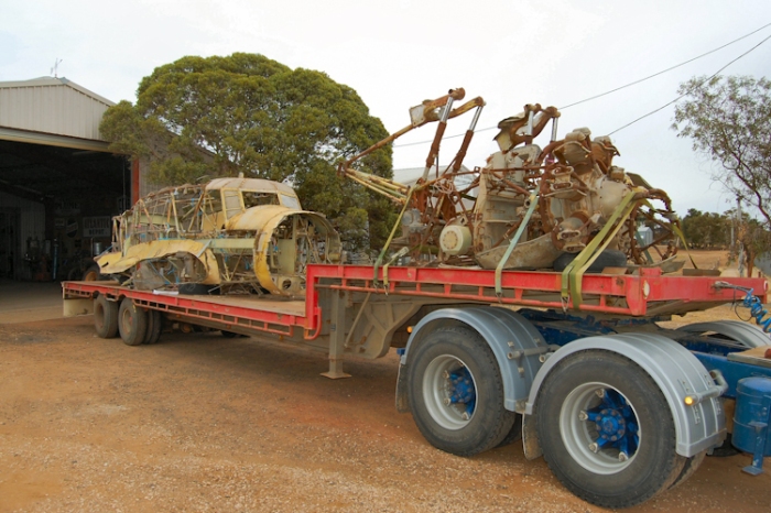 Avro Anson wreck being loaded for delivery to Nhill in 2009