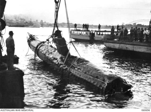One of the Japanese subs being recovered from Sydney Harbour in 1942 sydney harbour attack