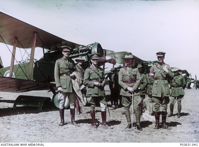 Lieutenant General Sir Harry Chauvel (Australian Imperial Force) on a visit to inspect No. 1 Squadron AFC in front of one of the squadron's Bristol F.2B fighter aircraft in 1918 