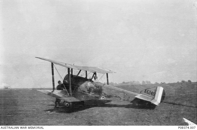 AFC Sopwith Pup (A6249) with a dragon painted on the fuselage - This one served with both No. 5 and 6 (Training) Squadrons - England 1918 (AWM photo P08374.007)