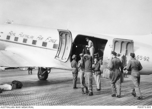 Preparing an RAAF C-47 evacuation flight from Seoul to Japan with Nurses from the RAAF Nursing Service 1953