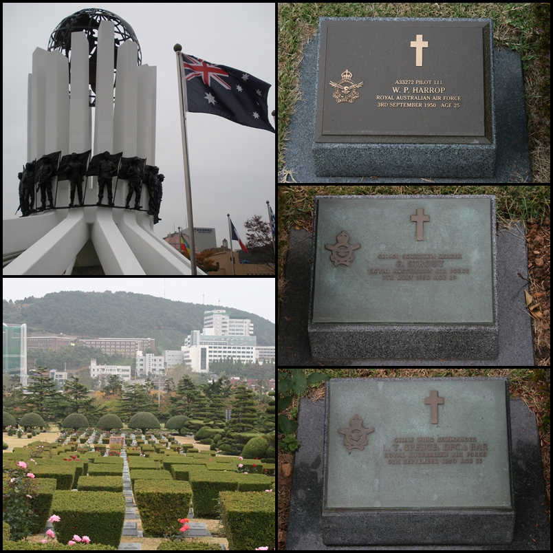 RAAF United Nations Memorial Cemetery in Busan, South Korea - the graves of pilot Bill Harrop, Squadron Leader Graham Strout & Wing Commander Lou Spence 