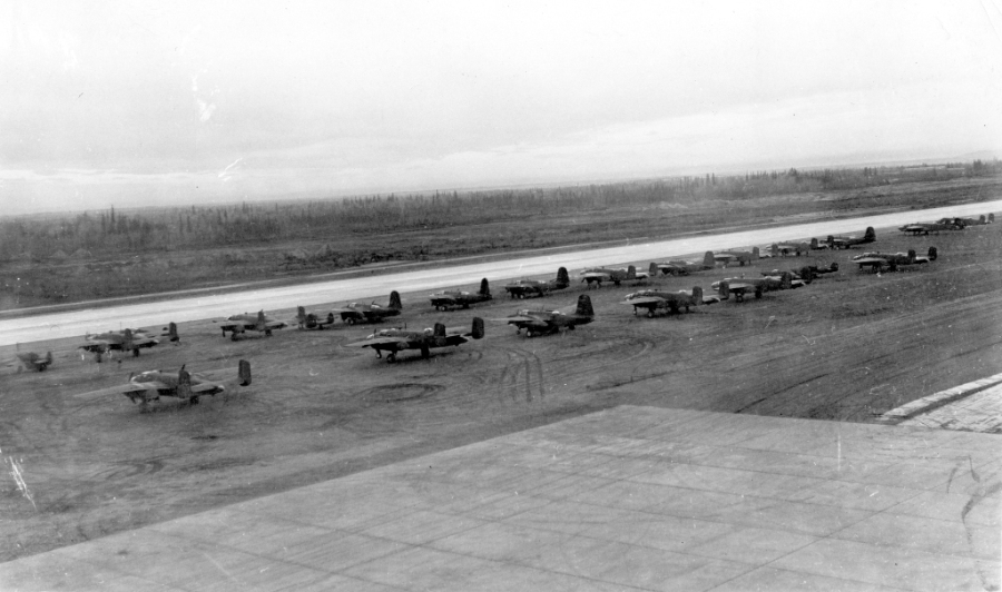 Lend-Lease B-25's, A-20's and P-39's on the runway at Ladd Field, Alaska prior to testing by the Soviet Purchasing Commission - September 1942