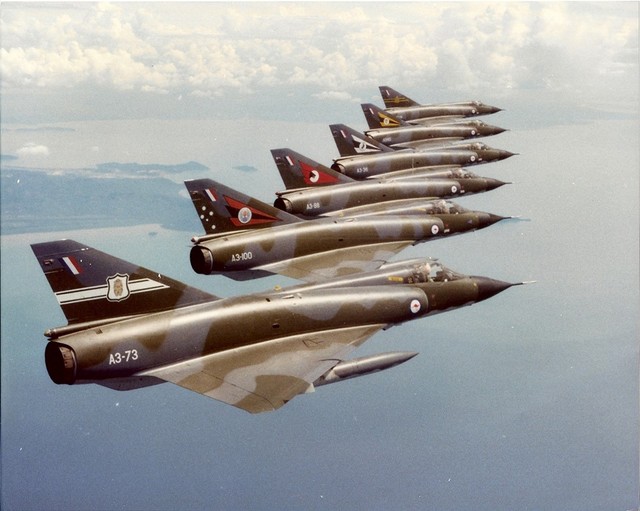 Mirage IIIO aircraft of RAAF Squadrons No. 3, 75, 76, 77, 2OCU and ARDU in formation