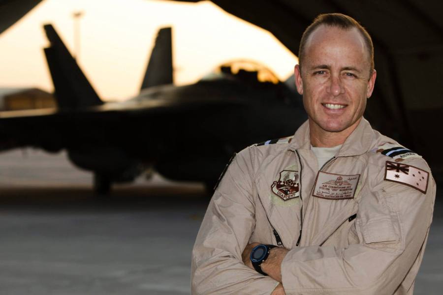 RAAF Air Commodore Steve Roberton with an FA-18F Super Hornet in the Middle East November 2014 