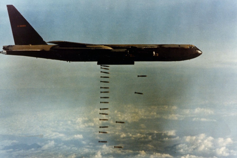 USAF B-52D releasing its 60,000-pound bomb load on enemy targets in Vietnam. It could carry up to 84 500-pound bombs or 42 750-pound bombs internally and 24 750-pound bombs externally on racks under the wings 