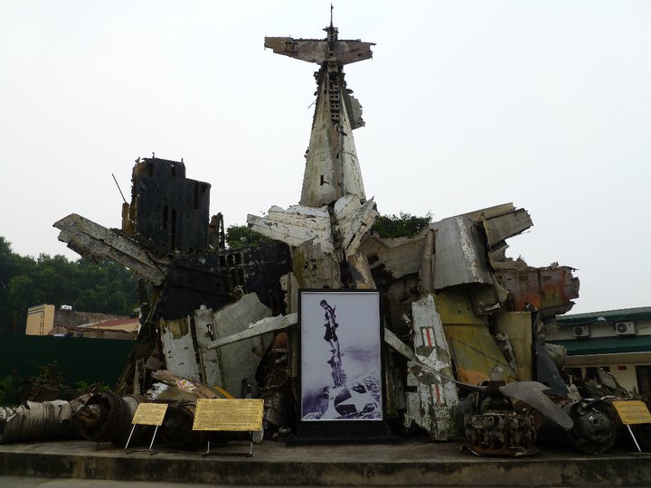 The wreckage of US and South Vietnamese aircraft piled up as a monument at the Army Museum in Hanoi