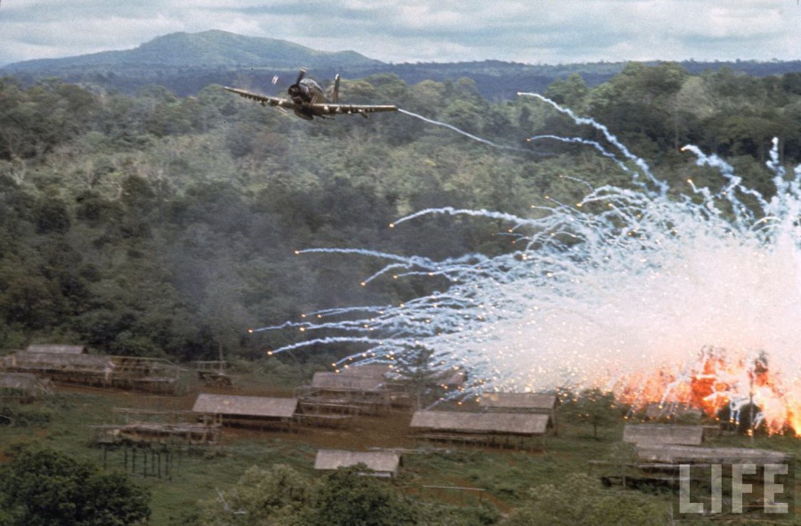 USAF Douglas A-1 Skyraider drops napalm and white phosphorous during the Vietnam War 