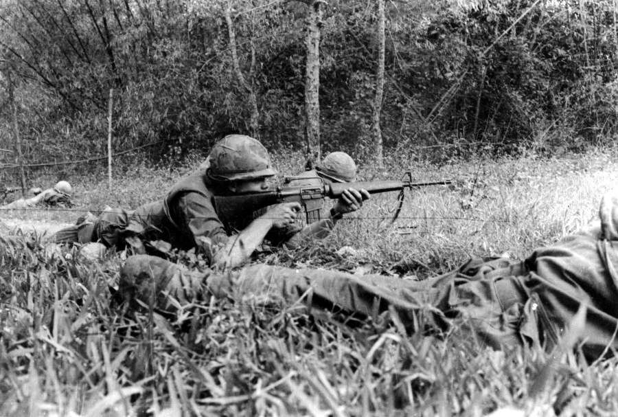 US Army Soldiers of the 5th Battalion, 7th Cavalry fire on Thon La Chu during the Tet Offensive 1968