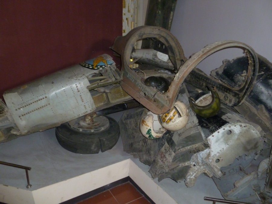 Parts of shot down US aircraft and pilots helmets inside the VPAF Museum Hanoi