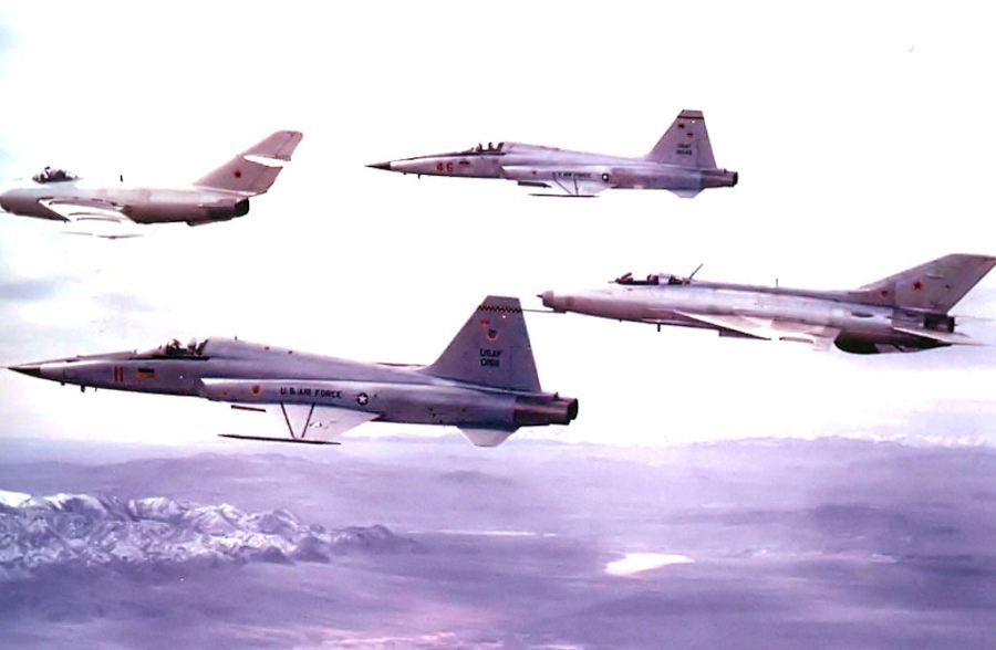 A 1980's photo of USAF F-5Es flying with a Soviet MiG-17 and MiG-21 of the 4477th Tactical Evaluation Squadron