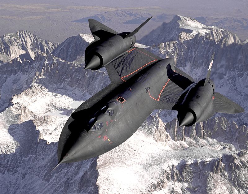 SR-71B Blackbird two-seat trainer operated by the NASA Dryden Flight Research Center over the Sierra Nevada Mountains of California after being refueled in 1994