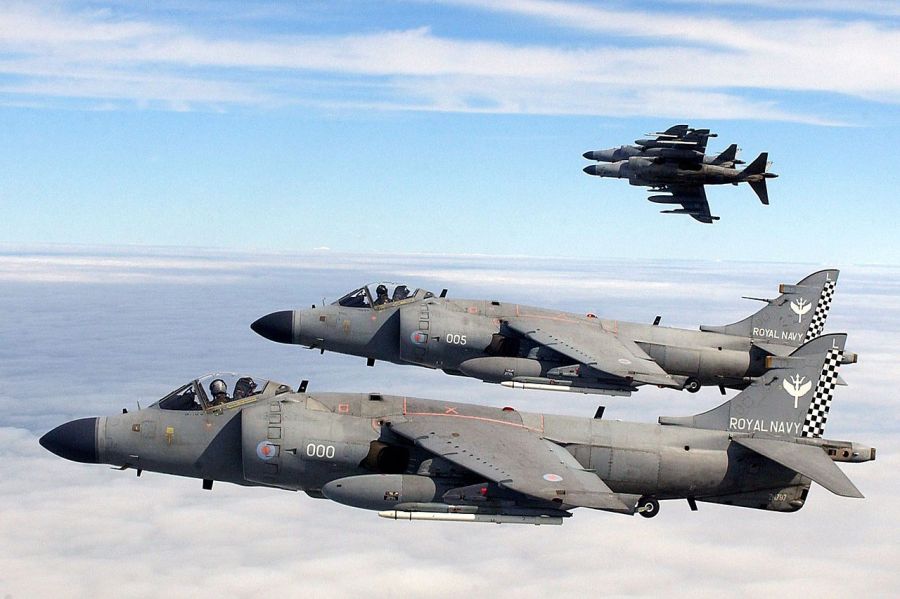 Sea Harrier FA2s of 801 Naval Air Squadron, based at RNAS Yeovilton in 2005 