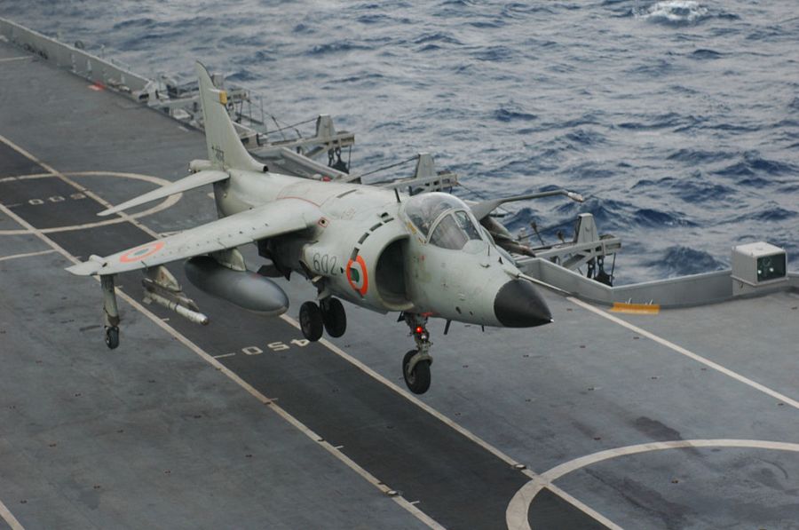 Indian Navy Sea Harrier landing on aircraft carrier INS Viraat in 2007 