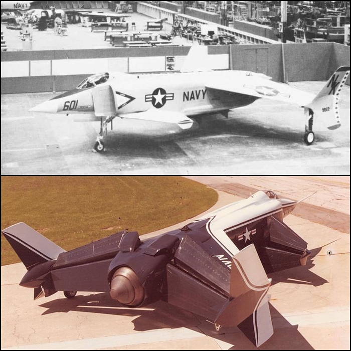 Rockwell XFV-12A mockup at North American Aviation, Columbus 1973 (top) and the prototype in 1977