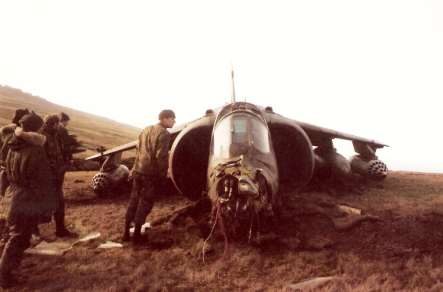 RAF San Carlos Forward Operating Base on the Falkland Islands - Harrier Gr.3 crash landing 1982