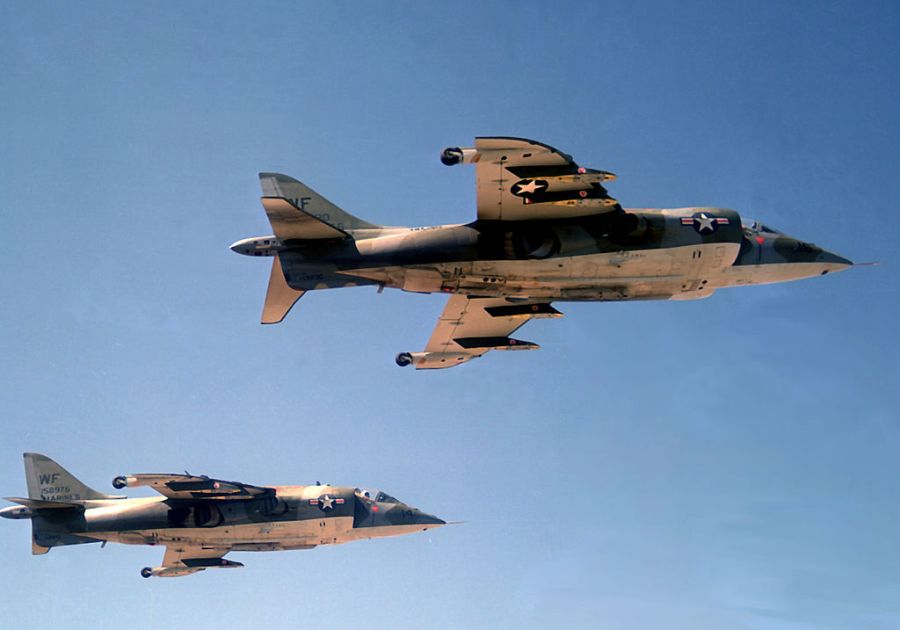 Two USMC Hawker Siddeley AV-8A Harrier aircraft from Marine Attack Squadron VMA-513 Flying Nightmares in flight in 1974