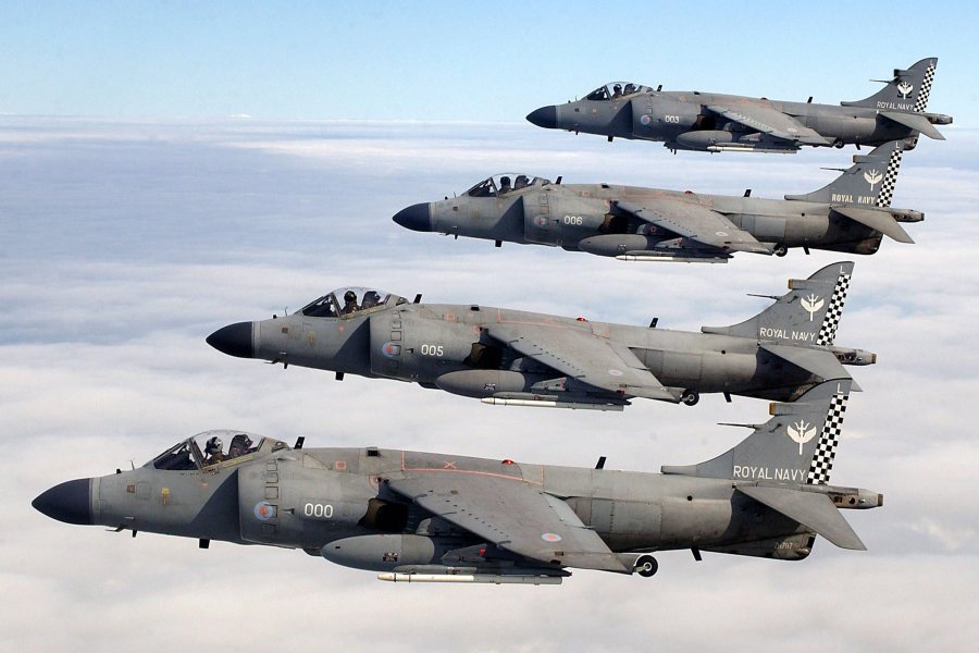 Four FA2 Sea Harriers, based at RNAS Yeovilton, flying in formation above the clouds, photographed as part of a Photex in 2005 (Photo Source: UK Ministry of Defence)