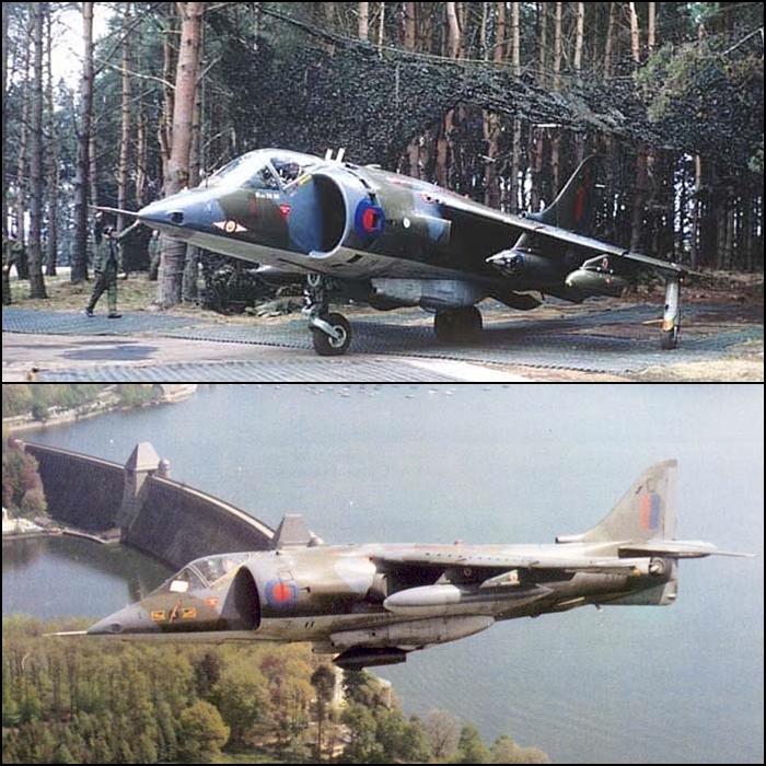 RAF Harrier Gr.1 on forward deployment and flying over the a dam in the Ruhr Valley in Germany during the Cold War 