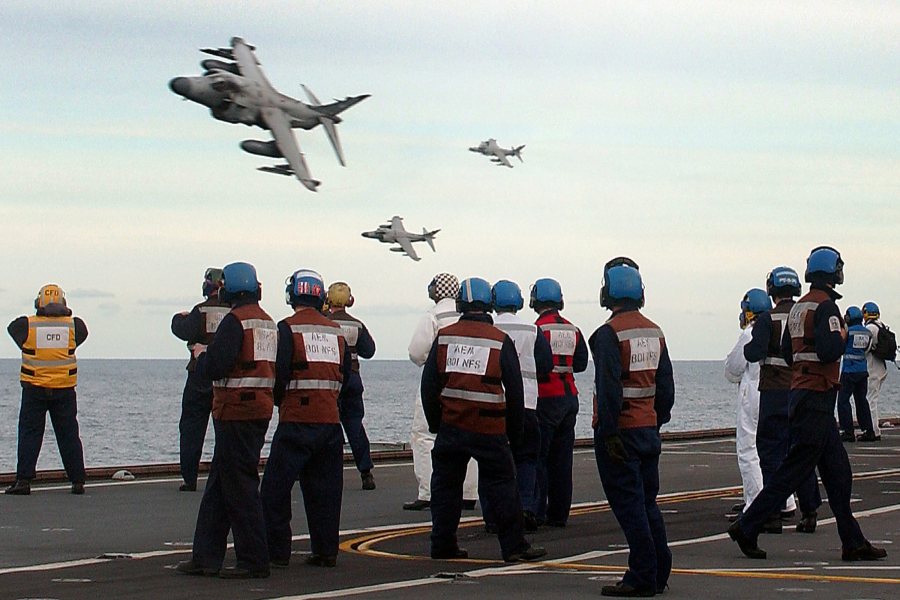 HMS Illustrious Royal Navy Sea Harrier low-level flyby