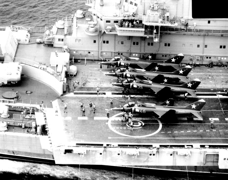 Yakovlev Yak-38 Forgers on the flight deck of the Soviet Navy carrier Minsk during the Cold War