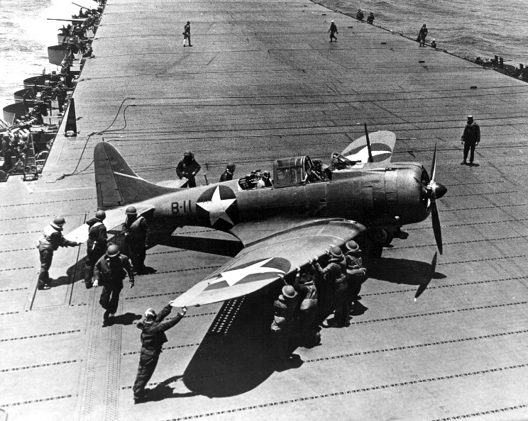 June 4th, 1942: A Douglas SBD Dauntless dive bomber from VB-8 aboard USS Hornet CV-8 during the Battle of Midway (Photo Source: US Navy via MaritimeQuest)