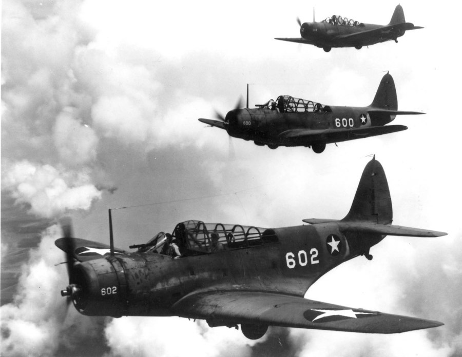 US Navy Douglas TBD Devastator torpedo bombers in formation - Obsolete but thrown into the fray out of necessity at the Battle of Midway June 4th, 1942 (Photo Source: US Navy)