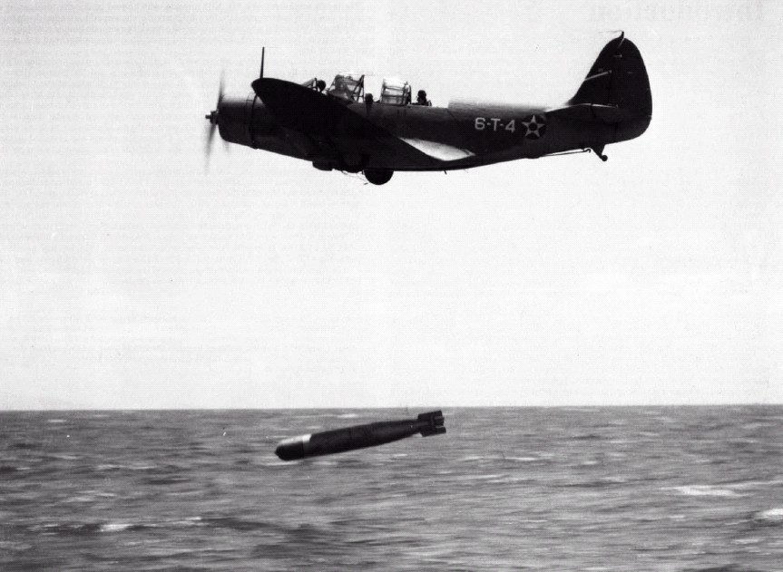 Douglas TBD Devastator drops a torpedo US Navy