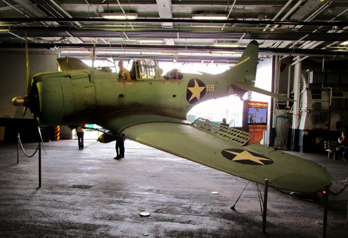 The Douglas SBD Dauntless dive bomber was introduced into US Navy service in 1940 USS Midway San Diego CA