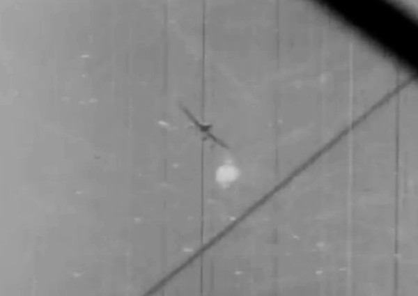 A Japanese Aichi D3A2 Val dive bomber from the Hiryu homes in on USS Yorktown (this image is a still from a 35mm movie captured by US Navy Photographer's Mate Second Class William G. Roy during the battle)