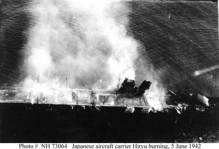 Japanese Carrier Hiryu Burning at Midway 1942