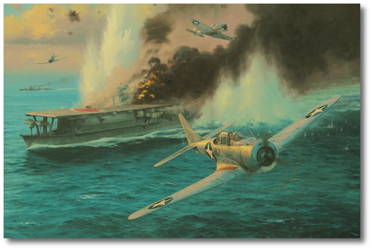The attack on Soryu by US Navy Douglas SBD Dauntless dive bombers at Midway by Anthony Saunders