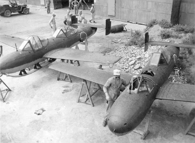 Captured Model 43 K-1 Kai rocket two seat trainers (note the landing skid) 1945 Japan
