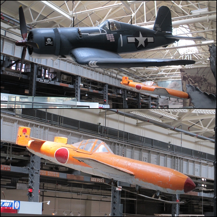 US Navy Vought F4U-4 Corsair fighter alongside a Yokosuka MXY7-K1 trainer at The National Museum of the US Navy in Washington DC (photos taken during my 2013 visit to the museum)