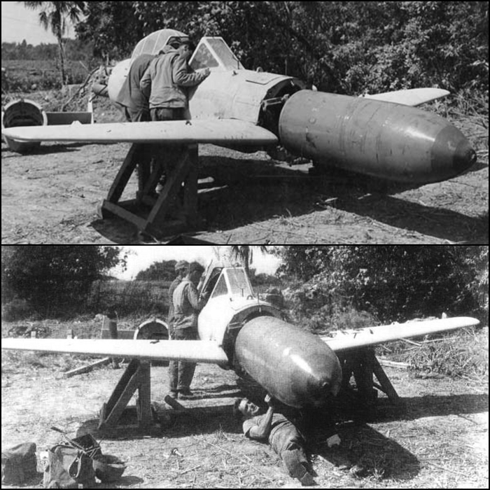 US Personnel conduct a warhead disassembly on a captured Yokosuka MXY7 Ohka in 1945