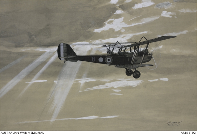 Death of Sandy and Hughes (1918) by Joseph Simpson who was commissioned in 1918 to be the official war artist for the R.A.F. The picture depicts the R.E.8 flying on uncontrolled after Lt. Sandy and Sgt. Hughes had been killed by a single armour piercing bullet that had first passed through Sgt. Hughes and then Lt. Sandy, killing them both