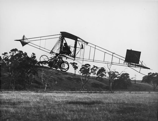 John Roberston Duigan flying his pusher biplane aircraft design near Mia Mia in 1910 (Photo Source: Museum Victoria)