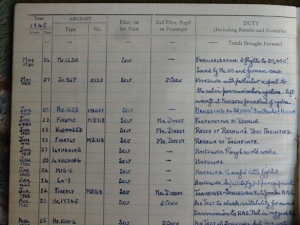Captain Eric ‘Winkle’ Brown's flight logbook page from 1945 including his Me-163 flights in Germany (photo source: Scottish National Museum of Flight)