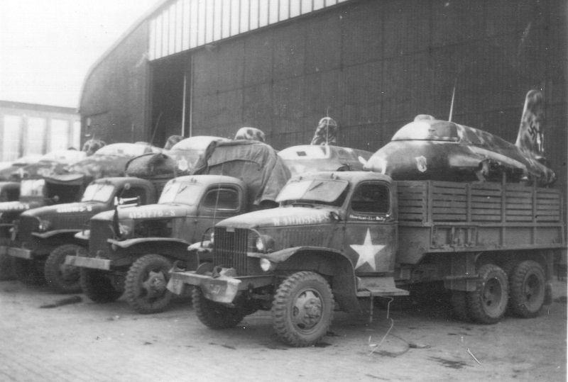 Former JG 400 Me-163B Komet's loaded up on US Army trucks to be transported for shipment to Great Britain in 1945