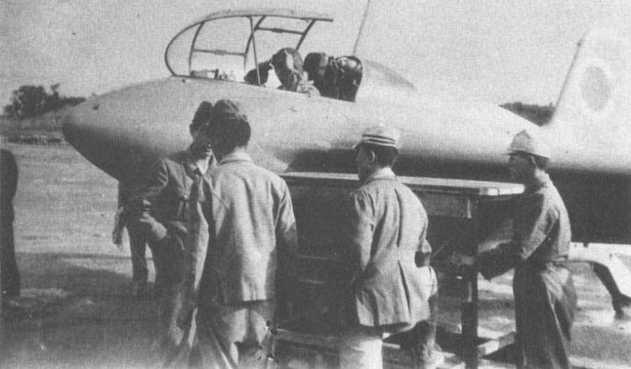 Imperial Japanese Navy Mitsubishi J8M Shusui rocket interceptor possibly being prepared for its first powered flight on July 7th, 1945
