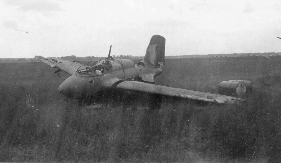 A damaged and seemingly abandoned MXY8 training glider circa 1945