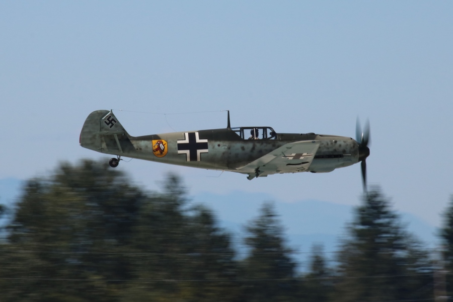 Flying Heritage Collection Bf 109E-3 in flight Luftwaffe Flying Day 2016