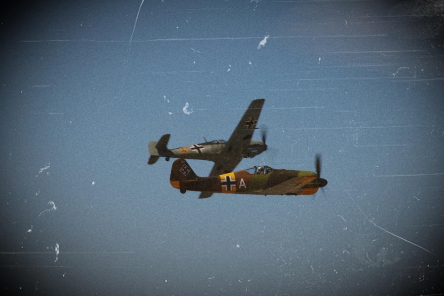 FHC Bf 109E-3 banks away sharply from the Fw 190A-5